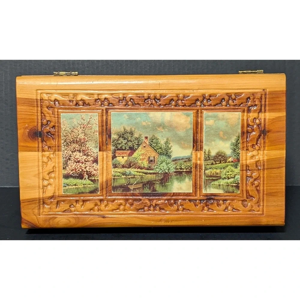 Vintage Hand Carved Cedar Wood Jewelry Keepsake Box Cottage Landscape 11